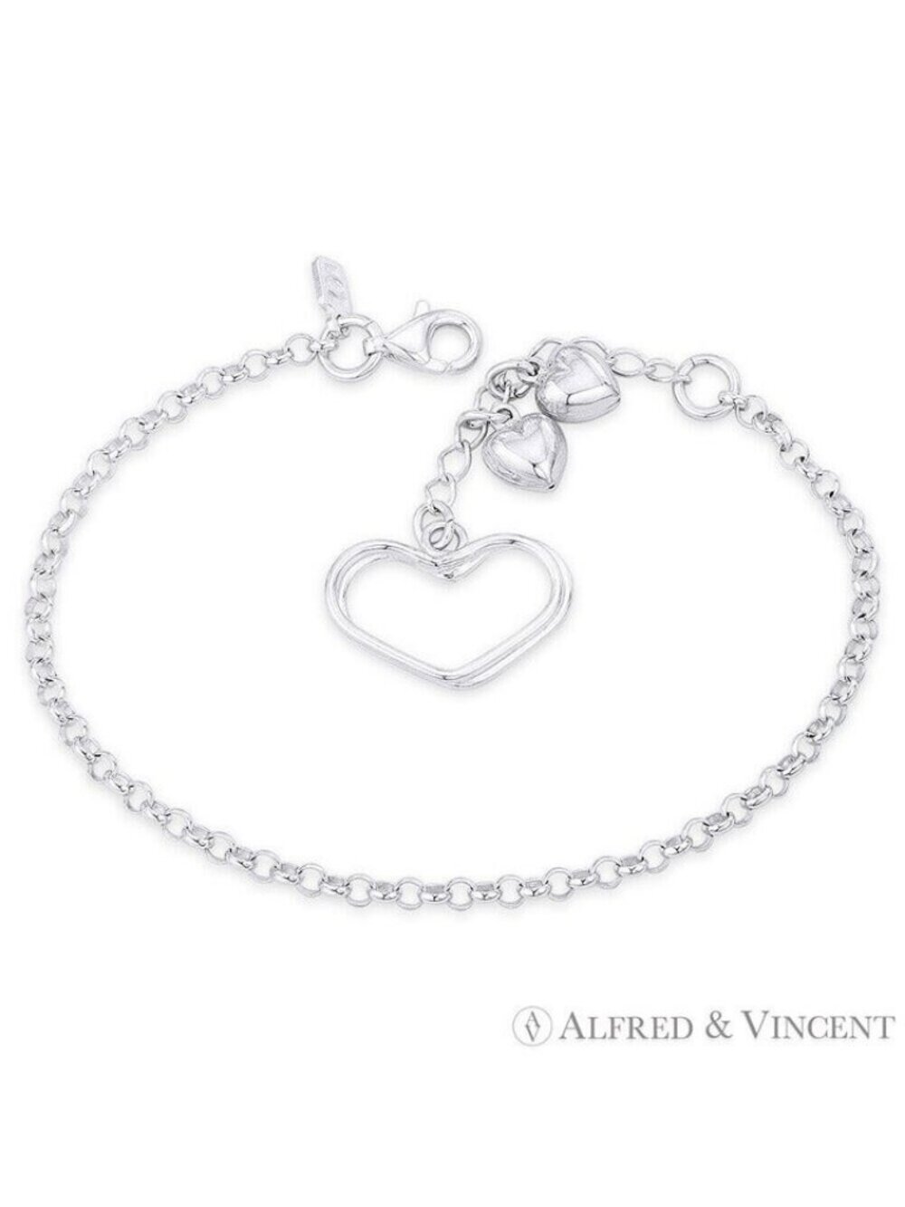 Double Open-Heart Puffed Heart Rolo Chain Bracelet in 925 Sterling Silver - 7.5"